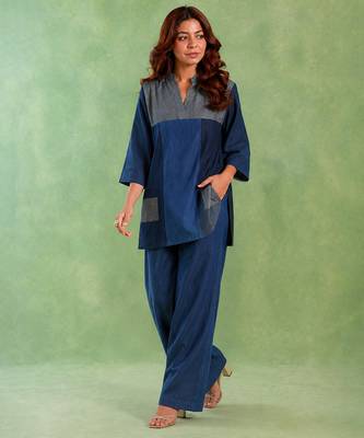 Blue handloom cotton linen co ord set 1