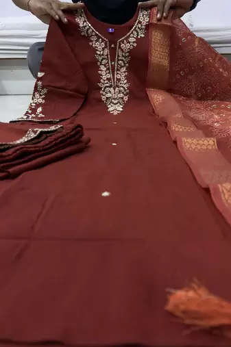 Rust cotton blend kurti pant dupatta set