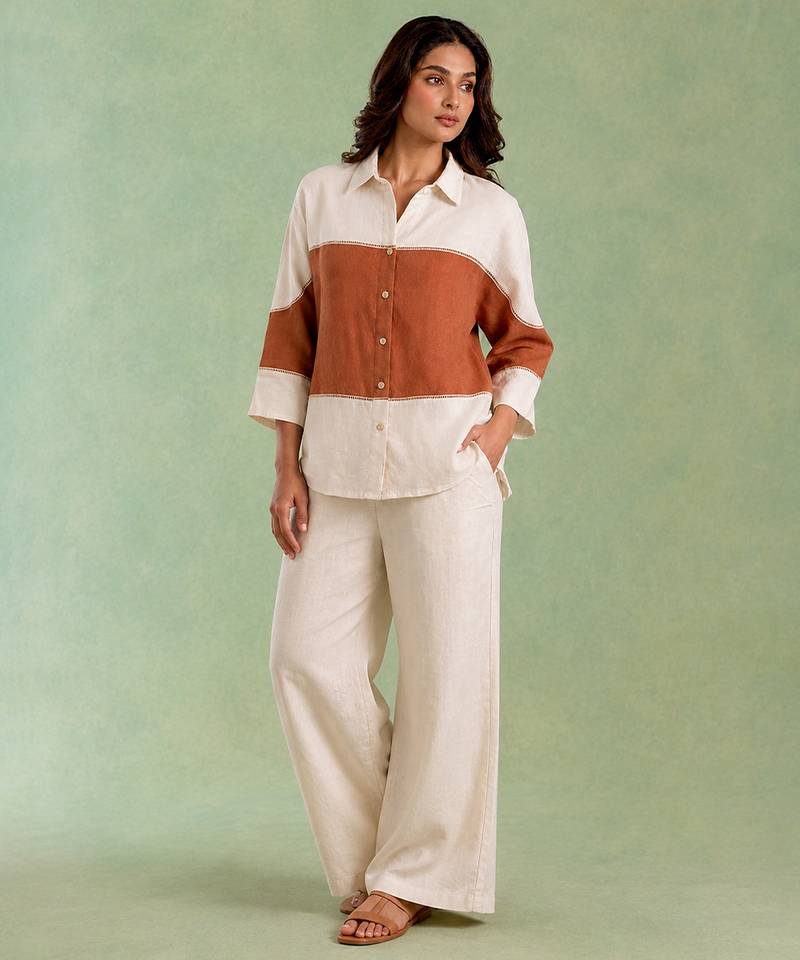 Ivory brown handloom cotton linen co ord set