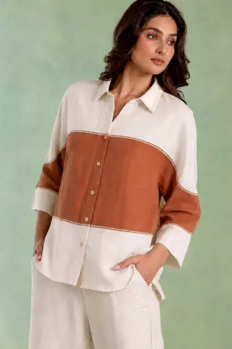 Ivory brown handloom cotton linen co ord set