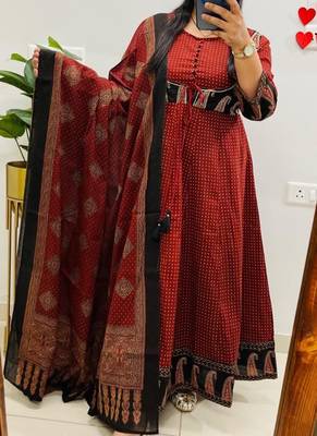Rust jaipuri cotton kurti pant dupatta set 1