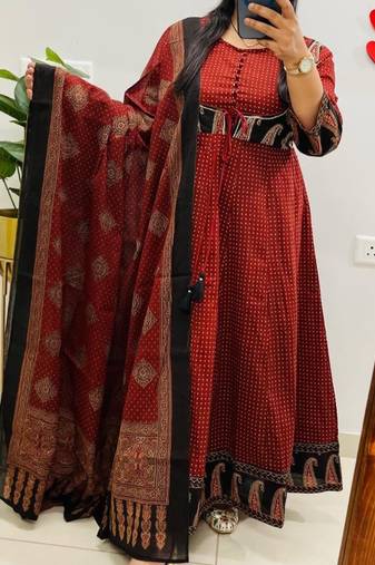 Rust jaipuri cotton kurti pant dupatta set