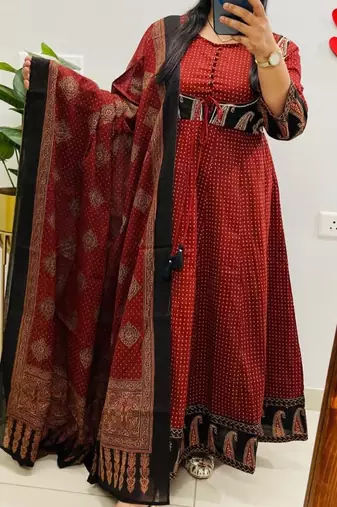 Rust jaipuri cotton kurti pant dupatta set