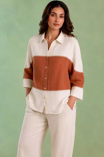Ivory brown handloom cotton linen co ord set