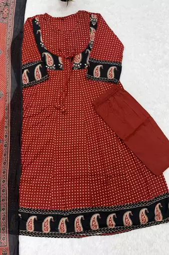 Rust jaipuri cotton kurti pant dupatta set