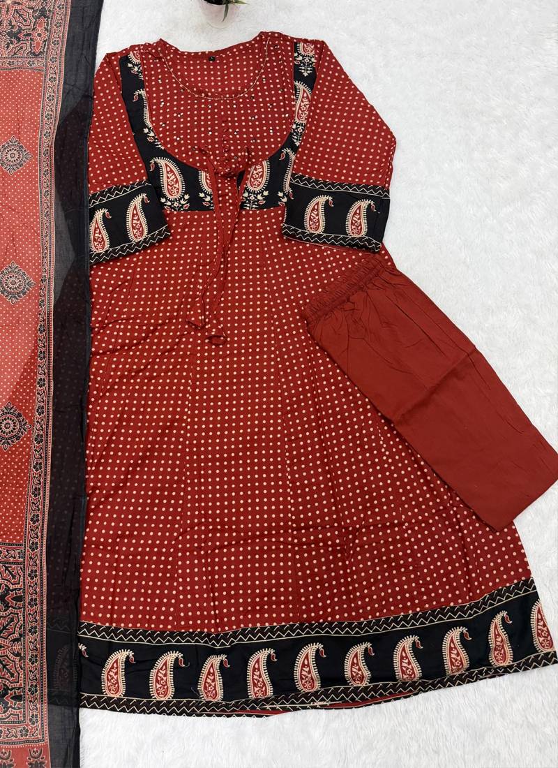 Rust jaipuri cotton kurti pant dupatta set