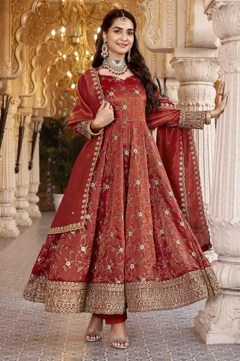 Designer Maroon Anarkali Gown Suit Set with Embroidery & Dupatta