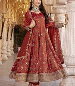 Designer Rust Anarkali Gown Suit Set with Embroidery & Dupatta