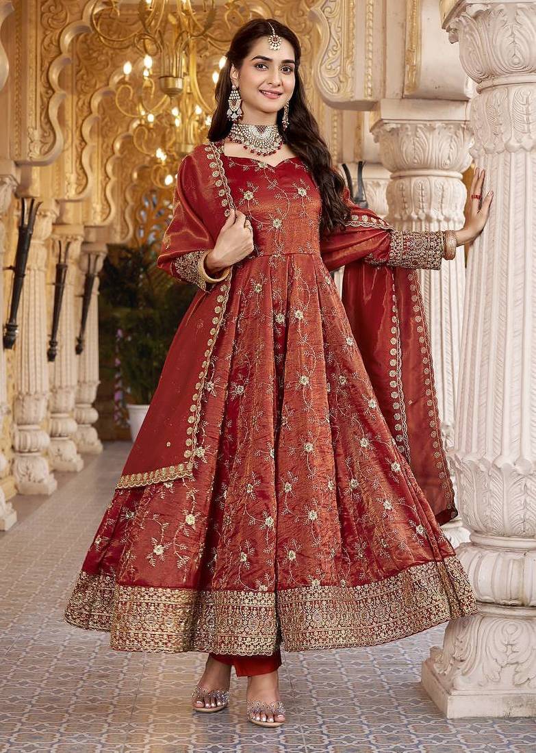Designer Maroon Anarkali Gown Suit Set with Embroidery & Dupatta