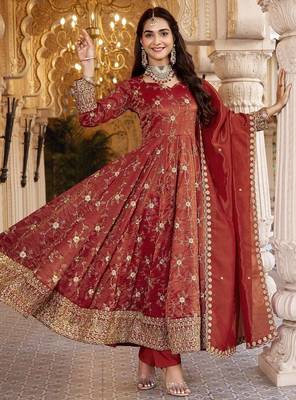 Designer Rust Anarkali Gown Suit Set with Embroidery & Dupatta 2