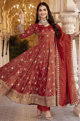 Designer Maroon Anarkali Gown Suit Set with Embroidery & Dupatta