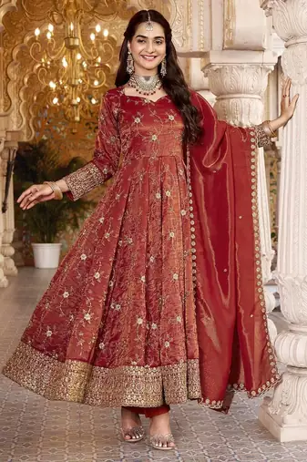 Designer Maroon Anarkali Gown Suit Set with Embroidery & Dupatta