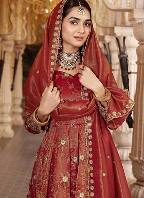 Designer Rust Anarkali Gown Suit Set with Embroidery & Dupatta 4