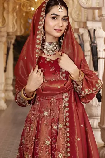 Designer Maroon Anarkali Gown Suit Set with Embroidery & Dupatta