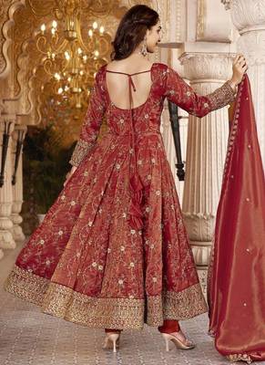 Designer Rust Anarkali Gown Suit Set with Embroidery & Dupatta 5