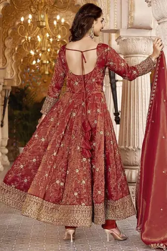 Designer Maroon Anarkali Gown Suit Set with Embroidery & Dupatta