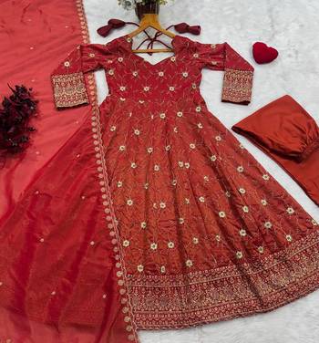 Designer Rust Anarkali Gown Suit Set with Embroidery & Dupatta 6