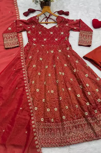 Designer Maroon Anarkali Gown Suit Set with Embroidery & Dupatta