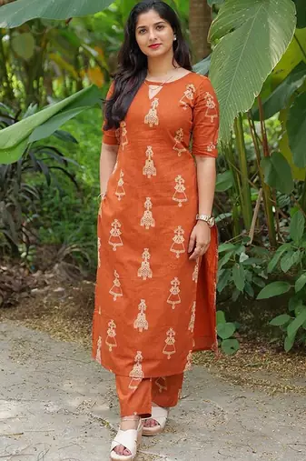 Orange cotton blend kurti pent set