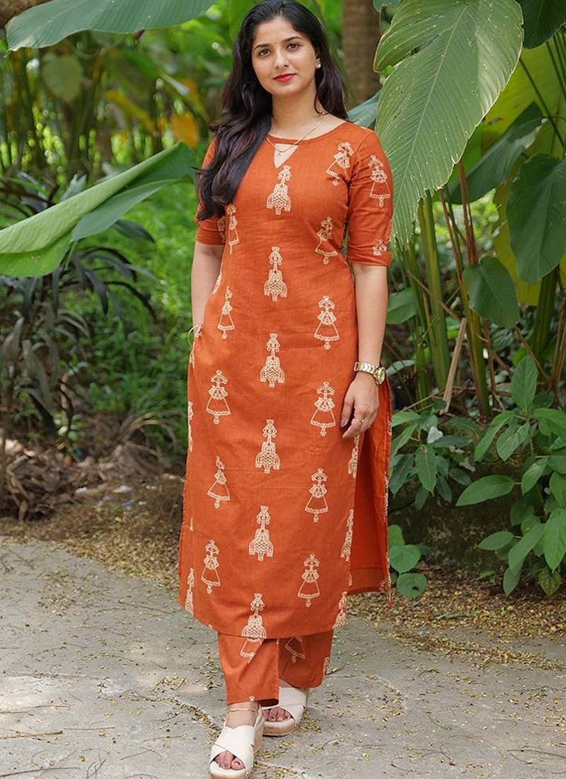 Orange cotton blend kurti pent set