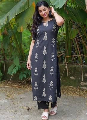 Black cotton blend kurti pant set 1