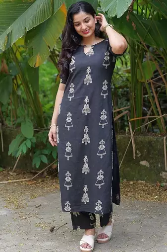 Black cotton blend kurti pant set