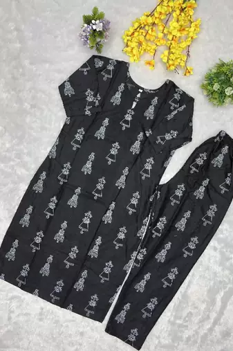 Black cotton blend kurti pant set