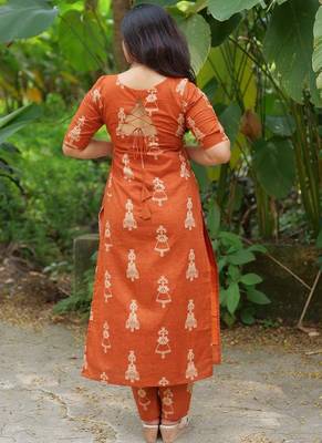 Orange cotton blend kurti pent set 2
