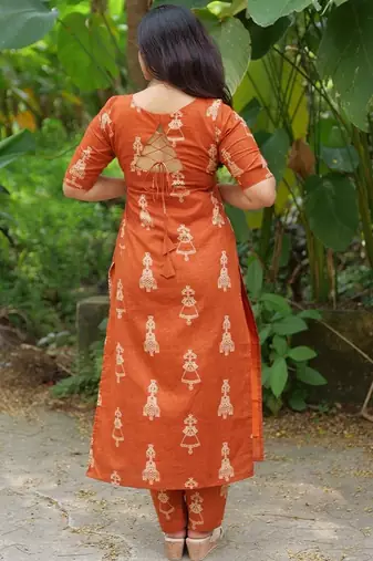 Orange cotton blend kurti pent set