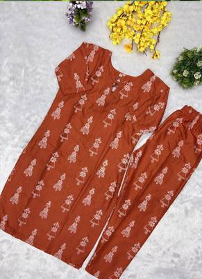 Orange cotton blend kurti pent set 3