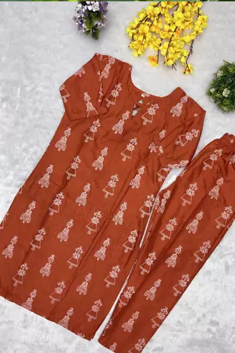 Orange cotton blend kurti pent set