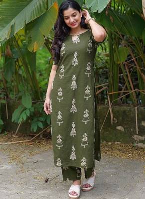 Green cotton blend kurti pant set 1
