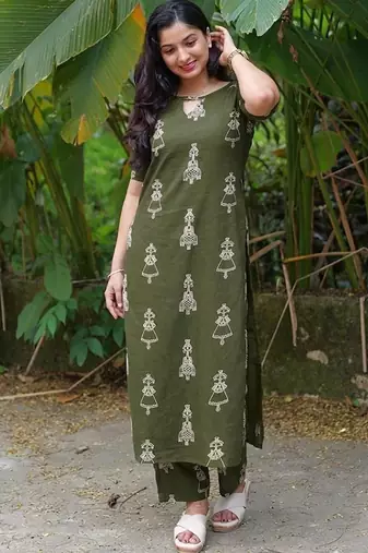 Green cotton blend kurti pant set