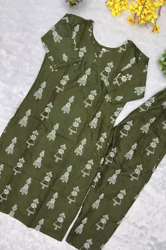 Green cotton blend kurti pant set