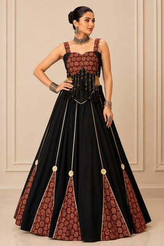 Black Cotton Ajrak Print Lehenga Set