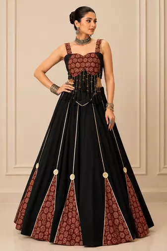 Black Cotton Ajrak Print Lehenga Set