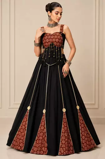 Black Cotton Ajrak Print Lehenga Set