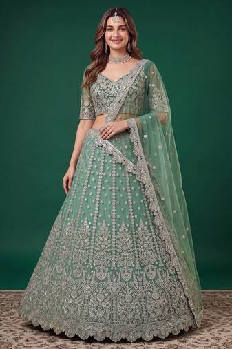 Mesmerizing Pista-Green Dori, Zari, and Sequins Embroidered Rangoli Silk Indian Ethnic lehenga