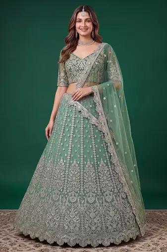 Mesmerizing Pista-Green Dori, Zari, and Sequins Embroidered Rangoli Silk Indian Ethnic lehenga