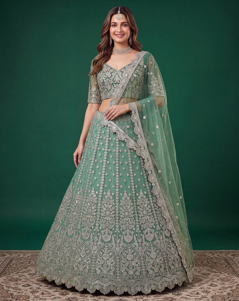 Mesmerizing Pista-Green Dori, Zari, and Sequins Embroidered Rangoli Silk Indian Ethnic lehenga