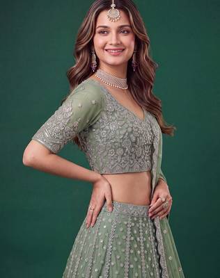 Mesmerizing Pista-Green Dori, Zari, and Sequins Embroidered Rangoli Silk Indian Ethnic lehenga 2