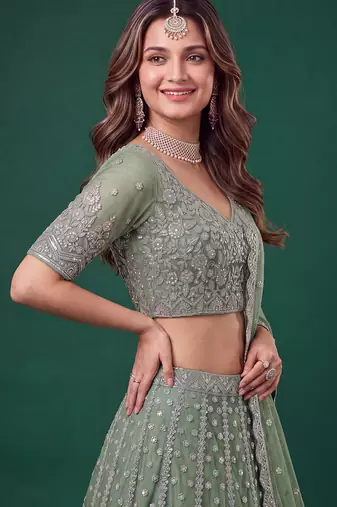 Mesmerizing Pista-Green Dori, Zari, and Sequins Embroidered Rangoli Silk Indian Ethnic lehenga
