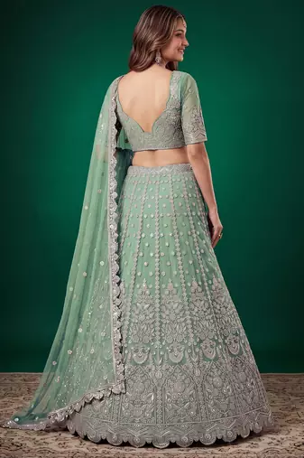 Mesmerizing Pista-Green Dori, Zari, and Sequins Embroidered Rangoli Silk Indian Ethnic lehenga