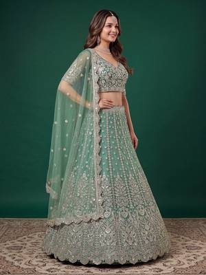 Mesmerizing Pista-Green Dori, Zari, and Sequins Embroidered Rangoli Silk Indian Ethnic lehenga 4
