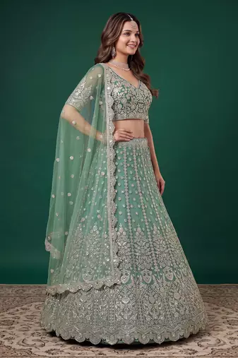 Mesmerizing Pista-Green Dori, Zari, and Sequins Embroidered Rangoli Silk Indian Ethnic lehenga