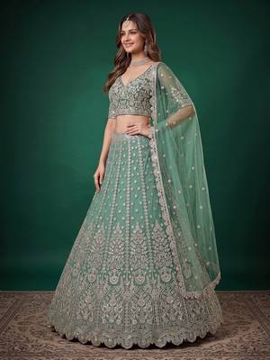 Mesmerizing Pista-Green Dori, Zari, and Sequins Embroidered Rangoli Silk Indian Ethnic lehenga 5