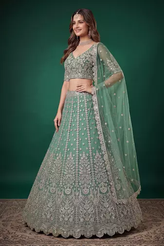 Mesmerizing Pista-Green Dori, Zari, and Sequins Embroidered Rangoli Silk Indian Ethnic lehenga