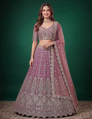 Catching Purple Dori, Zari, and Sequins Embroidered Rangoli Silk mehendi ceremony wear lehenga 1