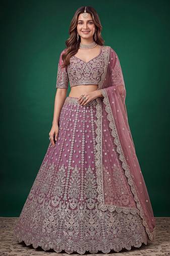Catching Purple Dori, Zari, and Sequins Embroidered Rangoli Silk mehendi ceremony wear lehenga
