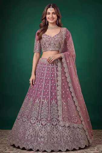 Catching Purple Dori, Zari, and Sequins Embroidered Rangoli Silk mehendi ceremony wear lehenga